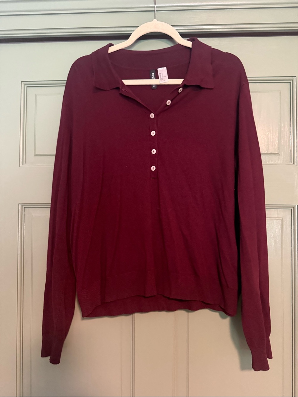 H&M Burgundy V-Neck Long-Sleeve Polo Sweater
